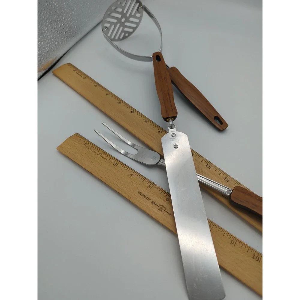 Vtg EKCO Stainless Cooking Utensils Woodgrain Faux Wood‎ Set of 3 Retro USA